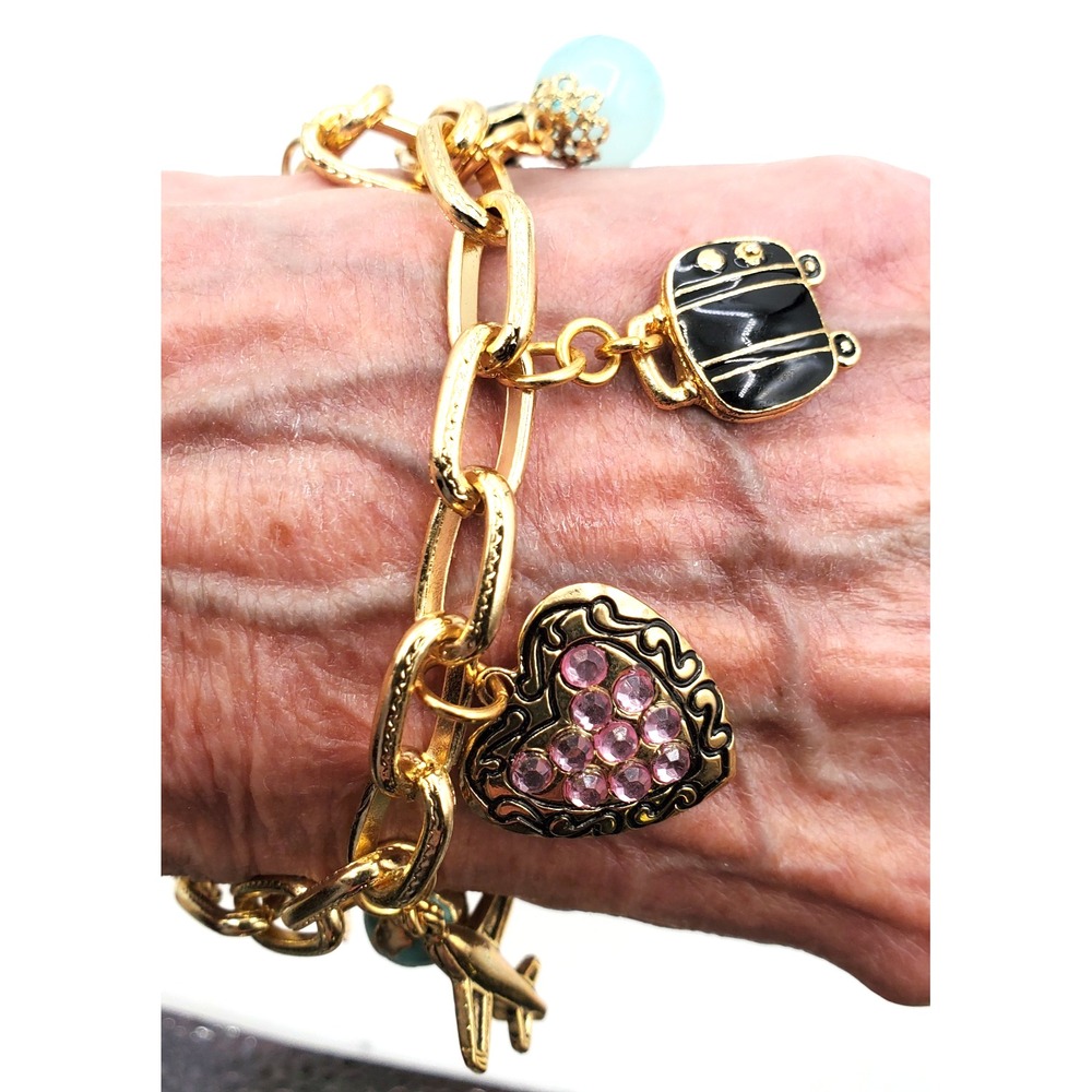 Cookie Lee Travel Charm Bracelet Airplane Eiffel Tower Camera Hearts Gold Tone